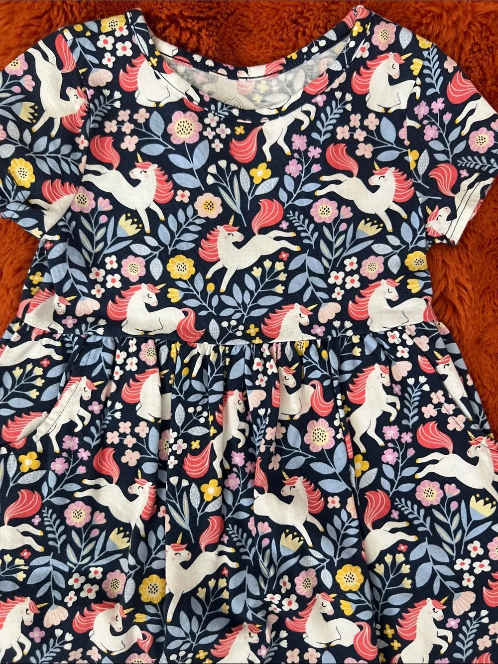 wonder nation Navy Unicorn Floral Short Sleeve Dress with Pink Accents